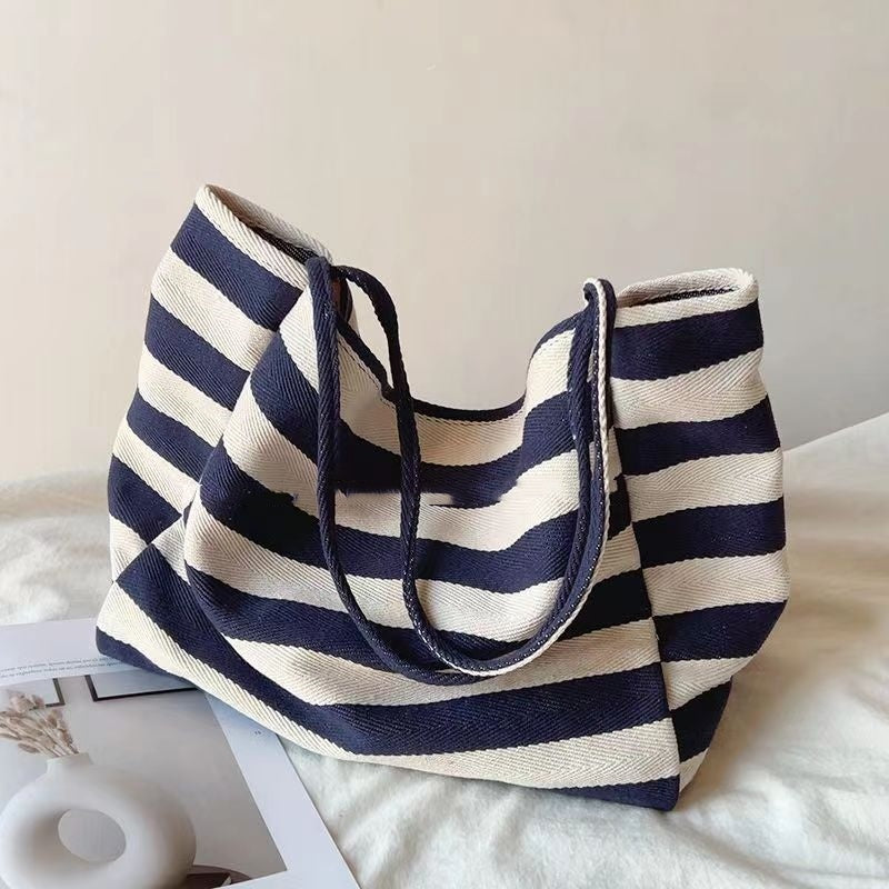 Ins Artistic Contrast Color Striped Canvas Bag Large Capacity Shoulder