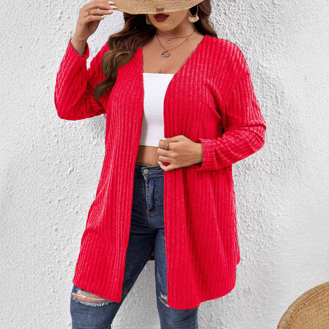 Sunken Stripe Brushed Plus Size Women's Mid-length Solid Color And V-neck Long-sleeved Cardigan