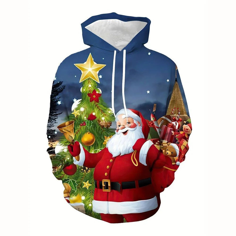 Elk And Santa Claus Printed Hoodie