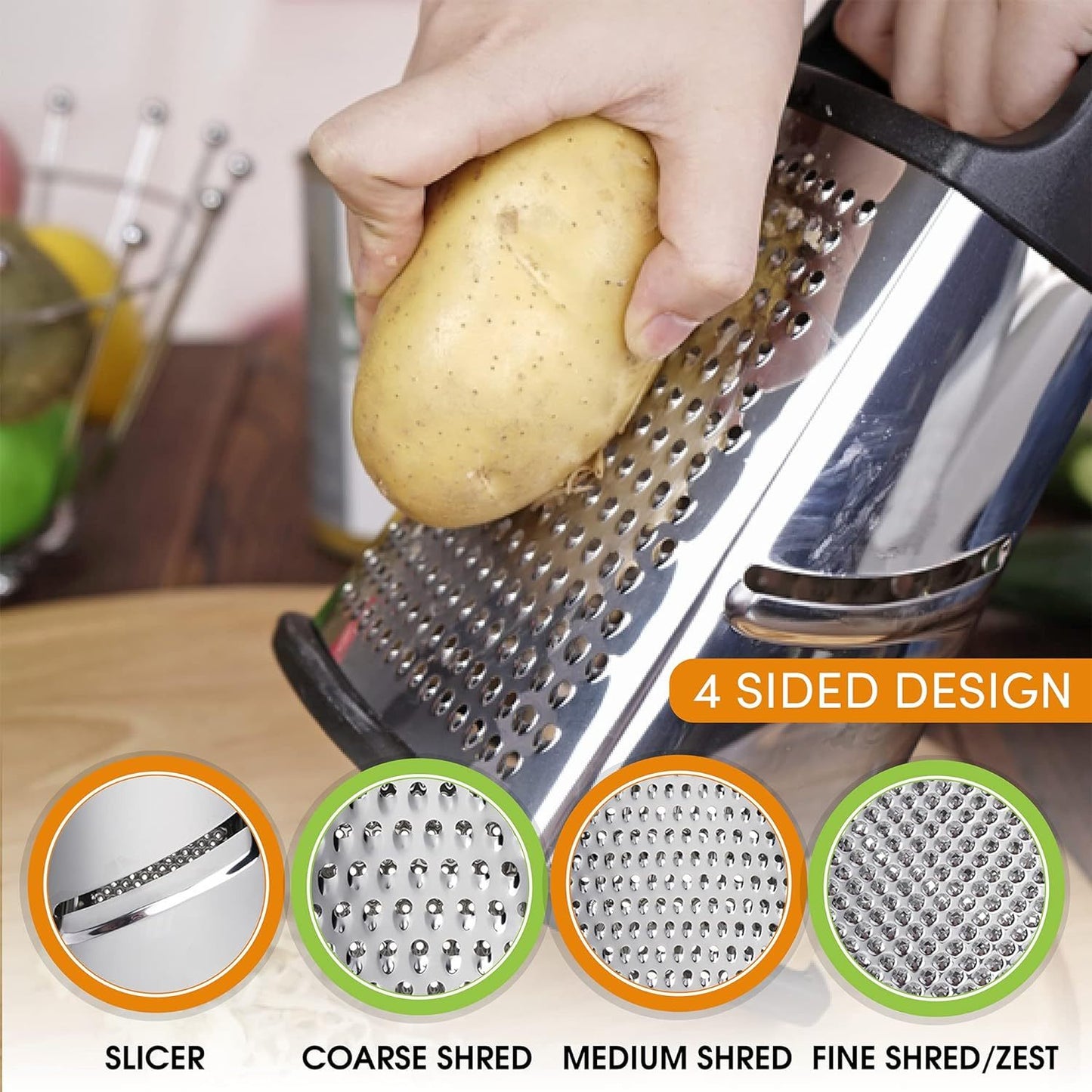 Stainless Steel Cheese Grater 9in 4 Sides, Perfect Grater For Parmesan Cheese. Vegetables, Ginger- Dishwasher Safe, Durable  Random Color