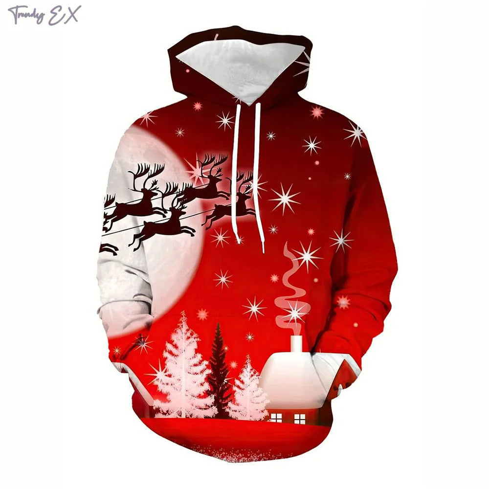 Elk And Santa Claus Printed Hoodie