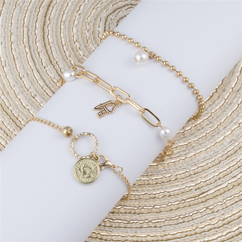 Bracelet Set Ins Design Niche Pearl Love Coin Jewelry Women 3-piece Set