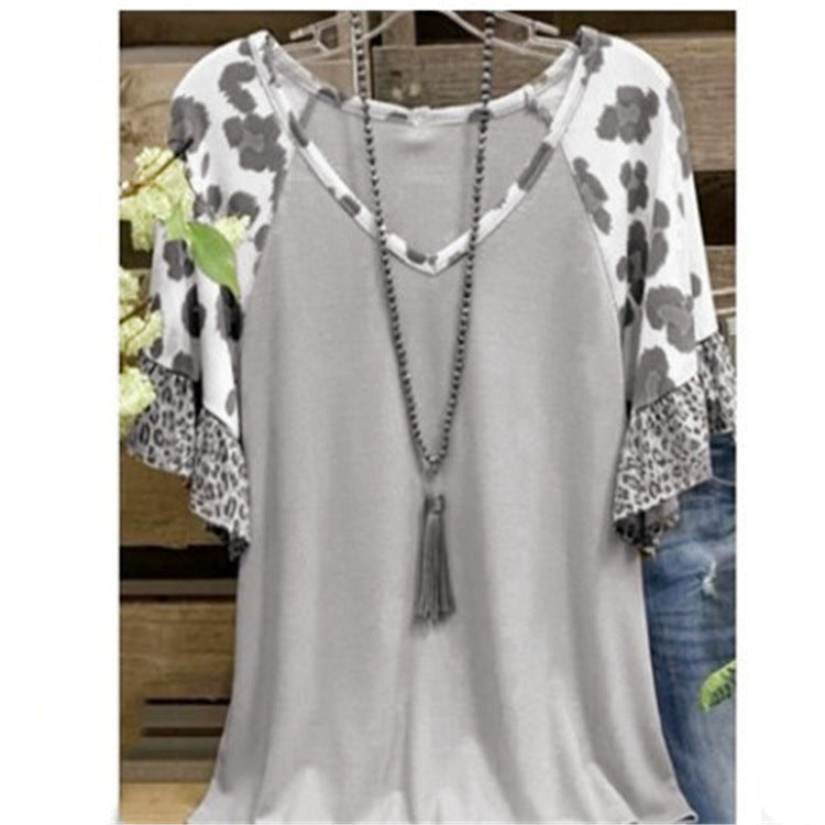 Waffle V-neck Leopard Print Stitching Casual Half Sleeve T-shirt Top