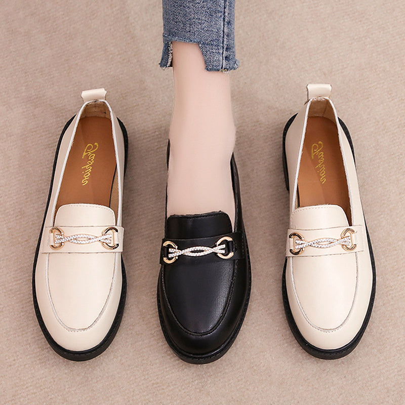 Versatile Shoes Women''s Shoes Lefu Shoes British Black Flat Bottom Diamond Shoes