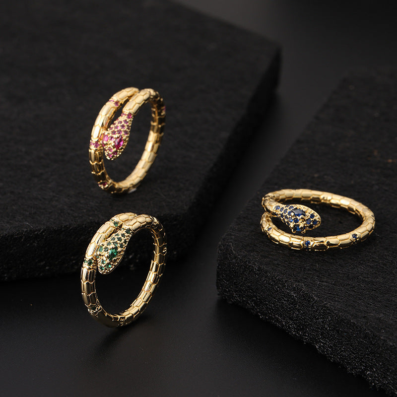 Cool Style Creative Personality Snake Ring Female Color Zircon Opening