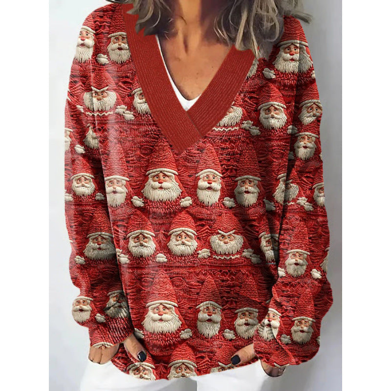 European And American Christmas Series V-neck Printed Sweater