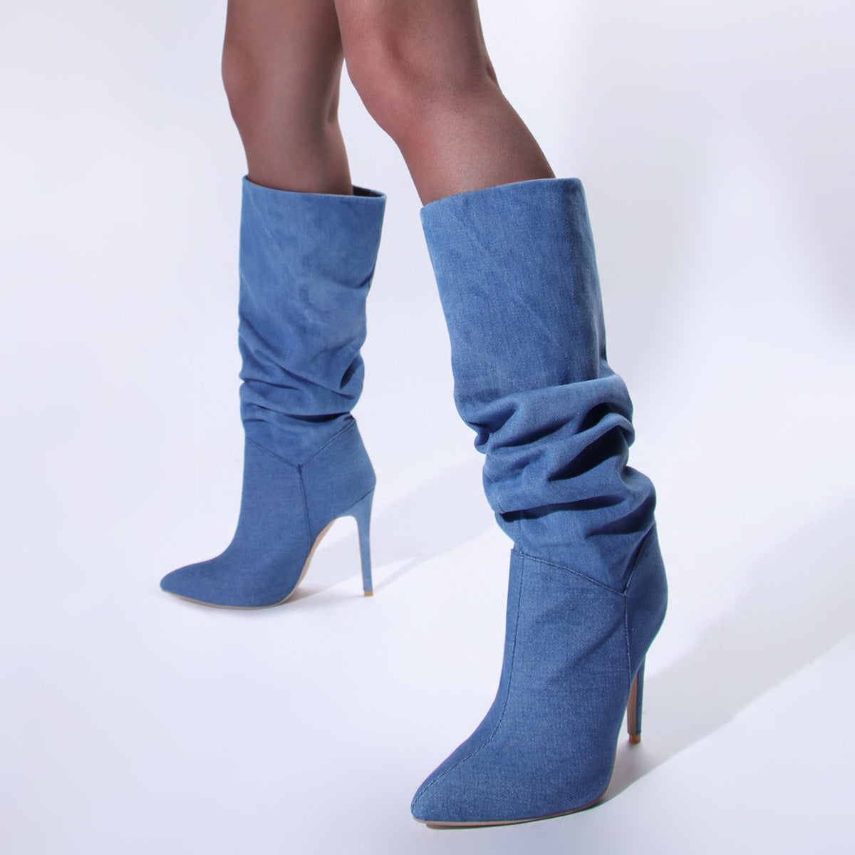 Pointed-toe Stiletto Denim Pile Style Boots For Women