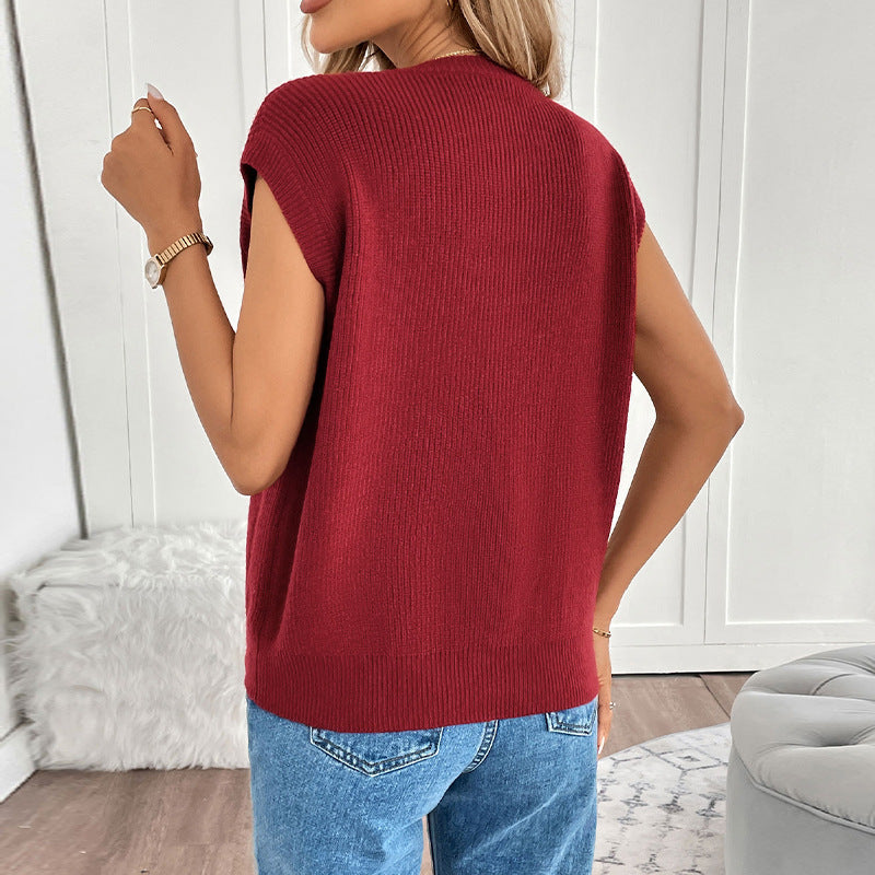 Knitted Round Neck Sleeveless Red Sweater