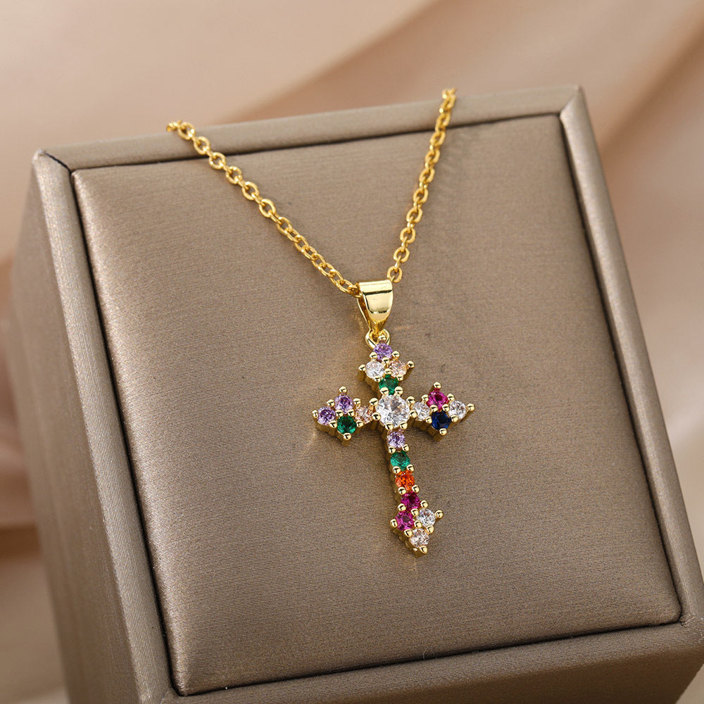 European And American Popular Color Zirconium Cross Pendant Necklace