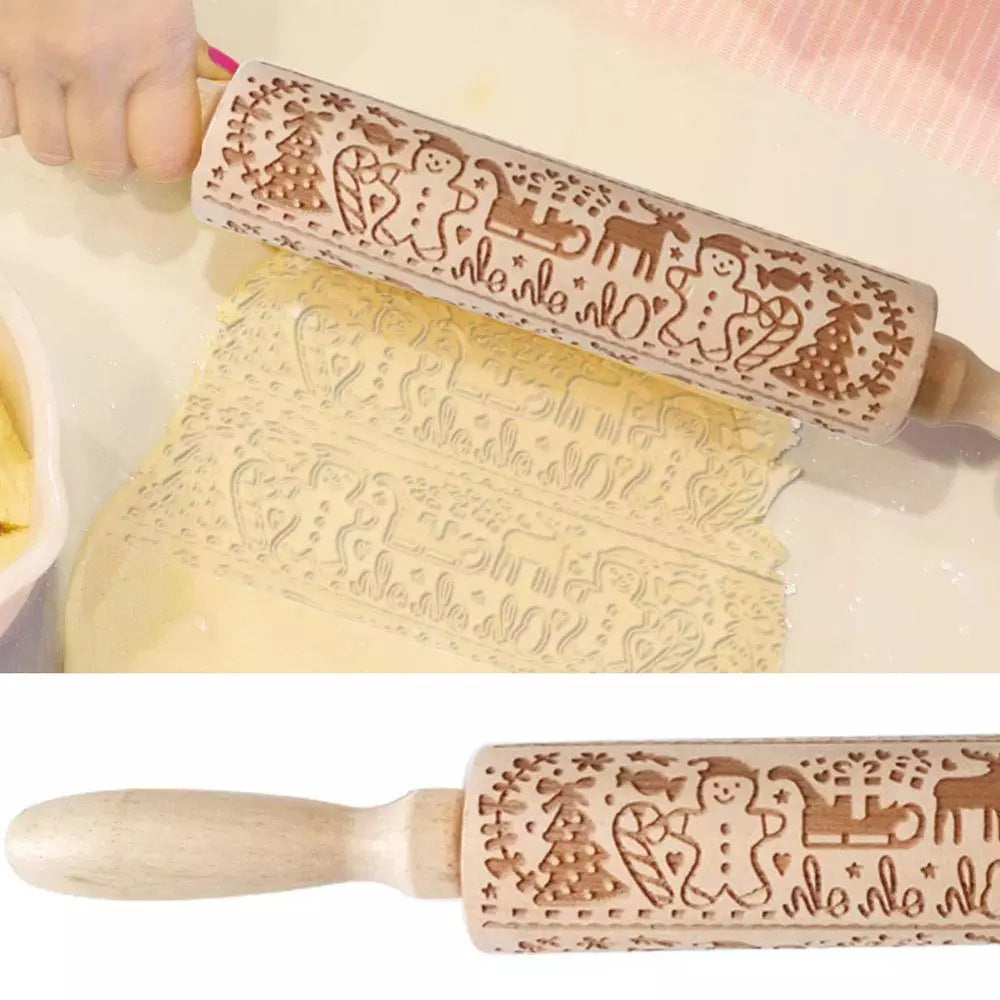 Solid Wood Roller With Carved Pattern Rolling Pin