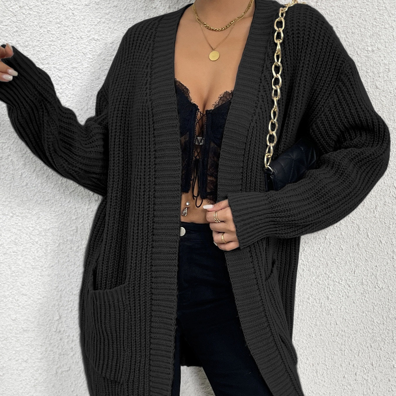 Long Sleeve Pocket Cardigan Coat Fashion Simple Knitwear