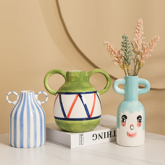 Striped Binaural Ceramic Vase Cute Smiling Face Decorative Decoration Pottery Pot