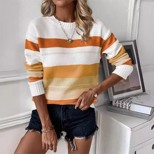 Casual Contrast Color Striped Knitted Long Sleeve Sweater