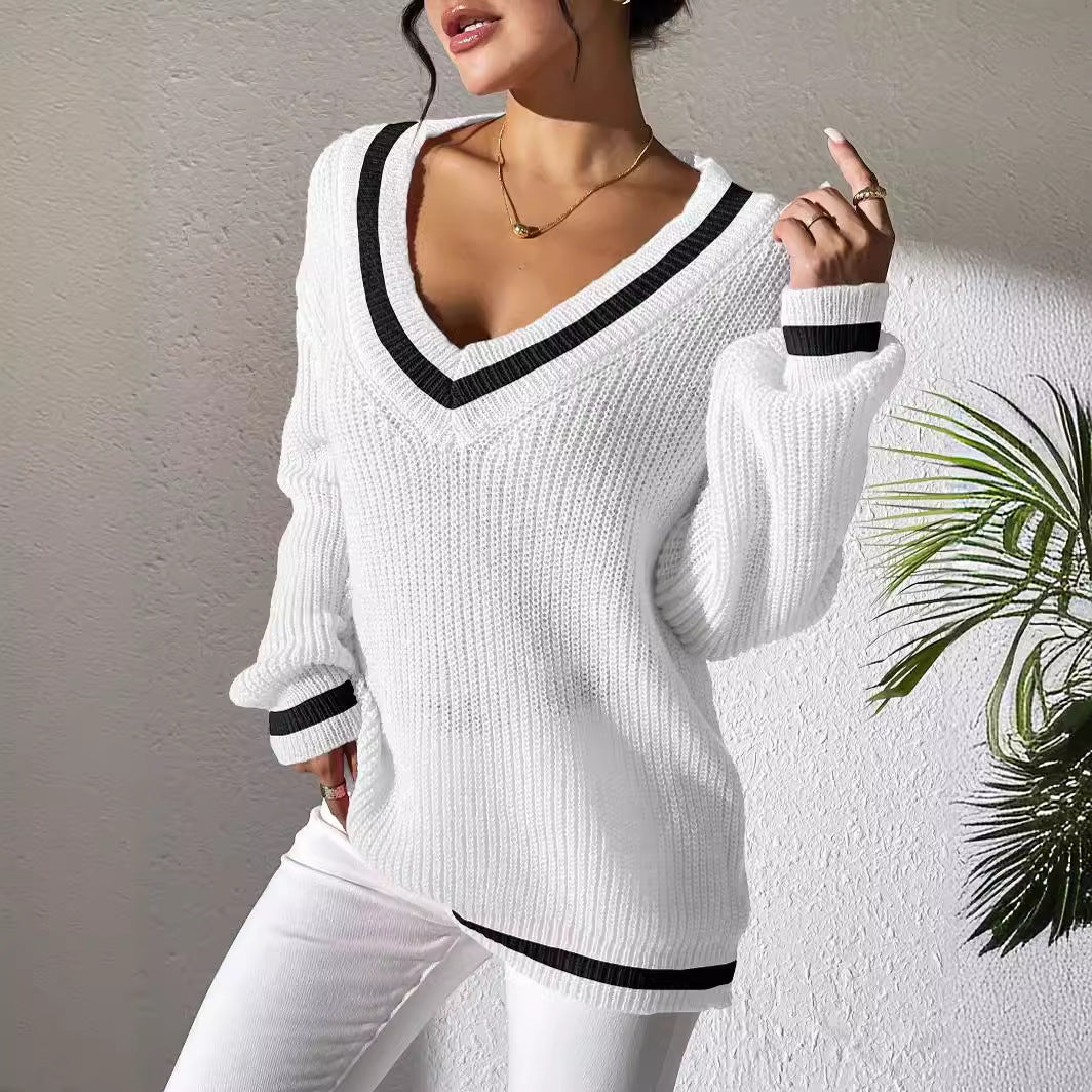 Women's Sweater Contrast Color V-neck Loose Sweater Casual