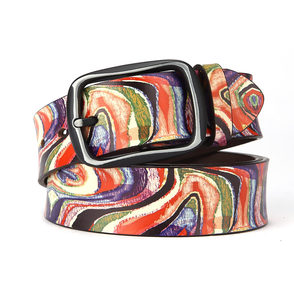 Pure Cowhide Printed Rainbow Graffiti Leather Decorative Belt