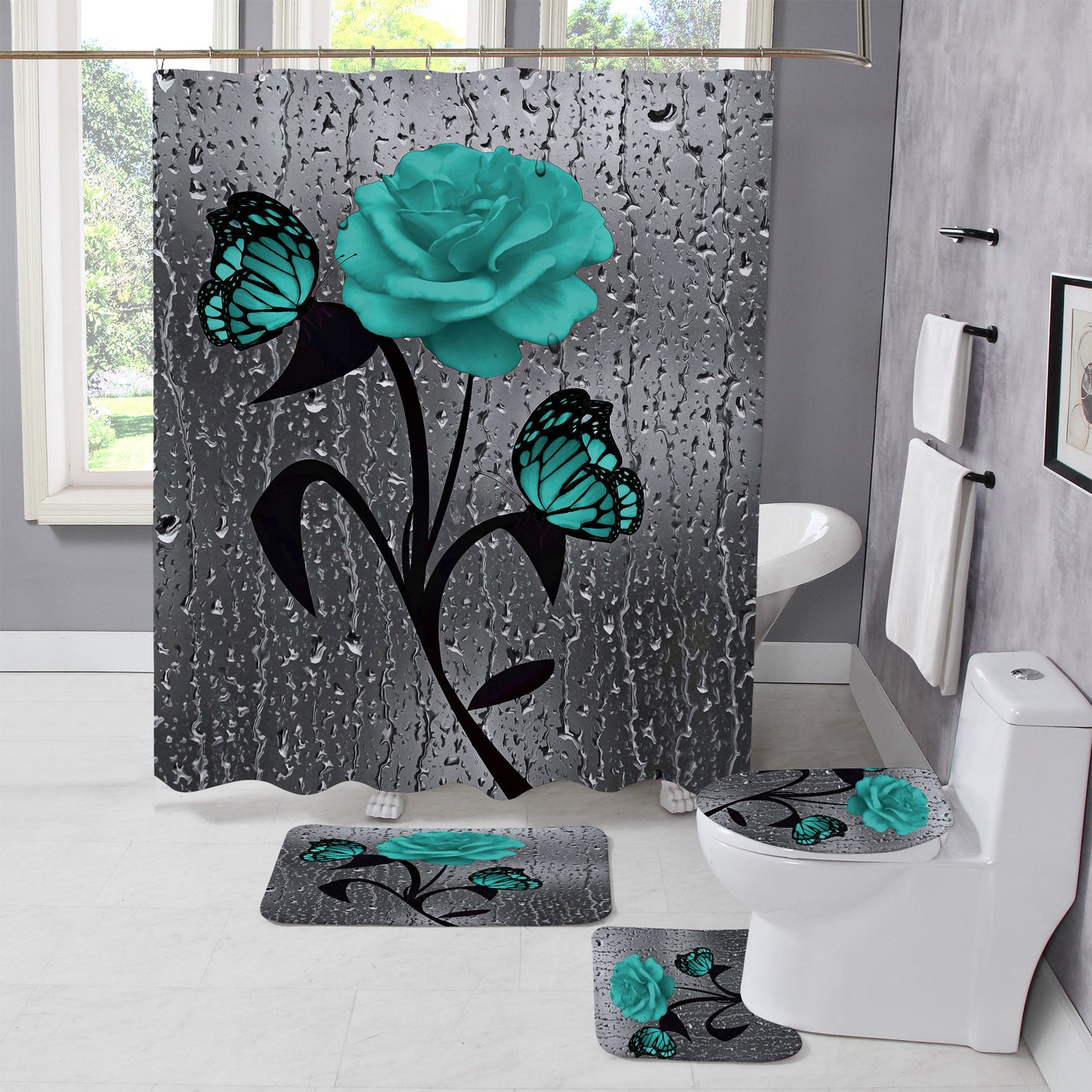 Hot Sale Cross-border Door Curtain Printing Carpet Floor Mat Combination Bathroom Toilet Mat Suit