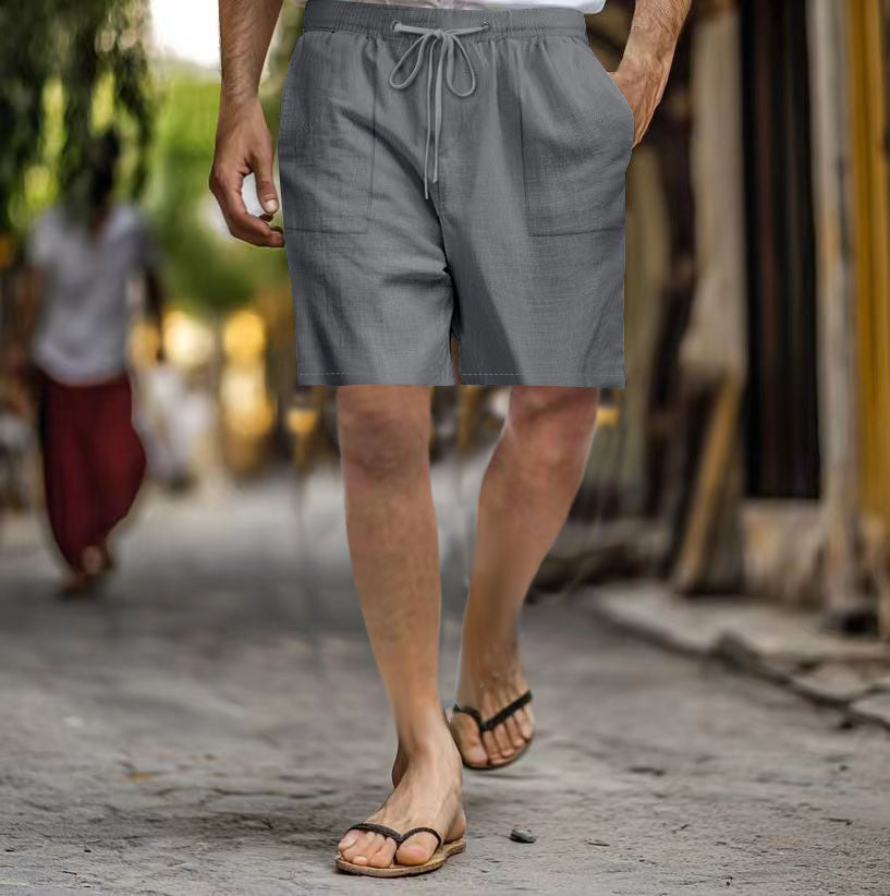 Men's Cotton Linen Multi-pocket Drawstring Leisure Beach Shorts