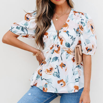 Green Floral Print Puff Sleeve V Neck Babydoll Blouse