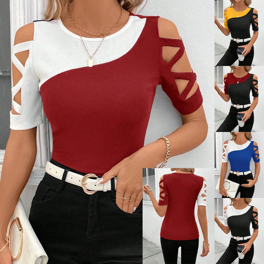 Color Matching Cross Off-the-shoulder Slim Top For Women