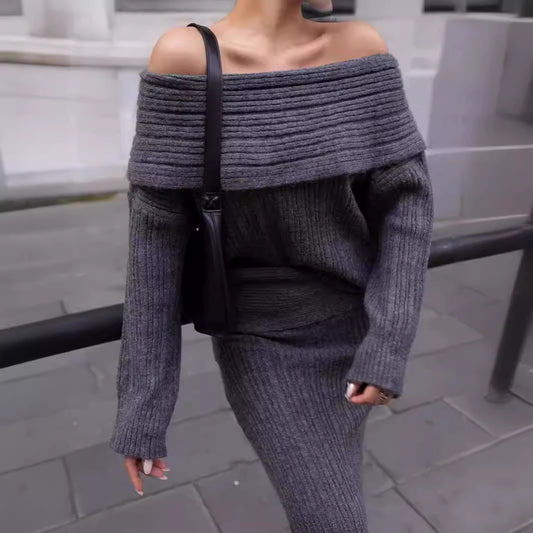 European And American Style Off-shoulder Slimming Loose Solid Color Knitted Sweater Two-piece Suit Long Sleeve