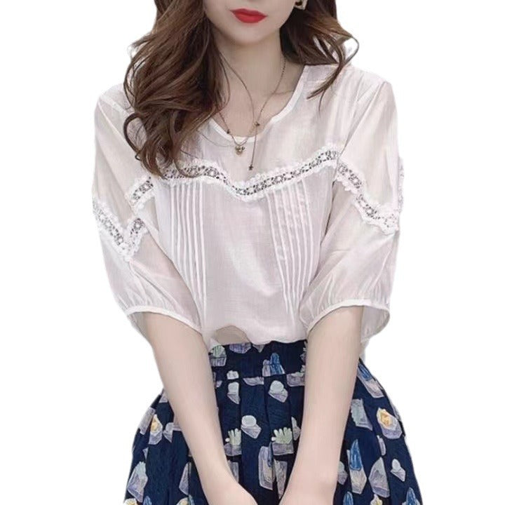 Design Sense Puff Sleeve Shirt Women's Lace