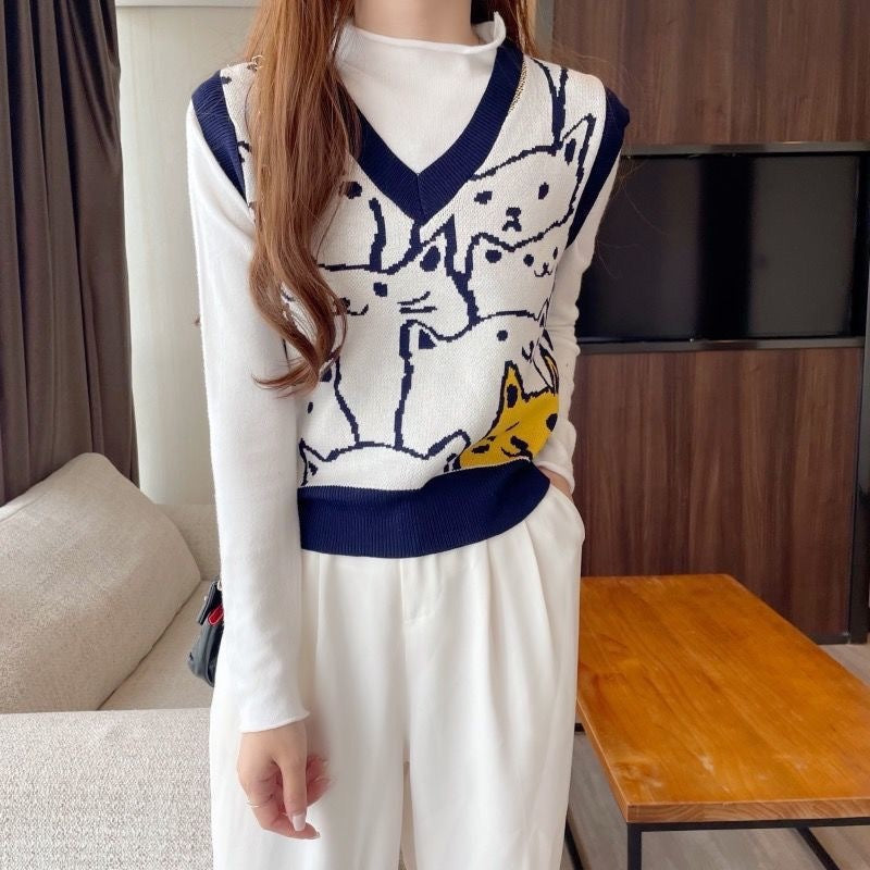 Women's Simple V-neck Fashion Cat Vest