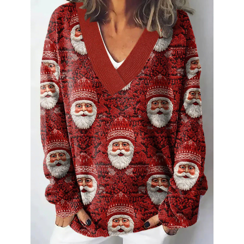 European And American Christmas Series V-neck Printed Sweater