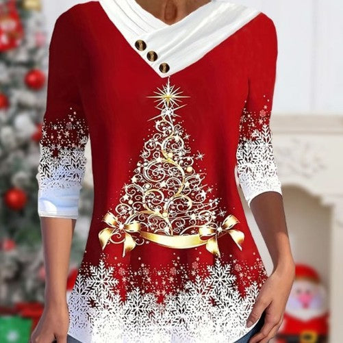 Christmas Snowman Printed V-neck Long Sleeve T-shirt