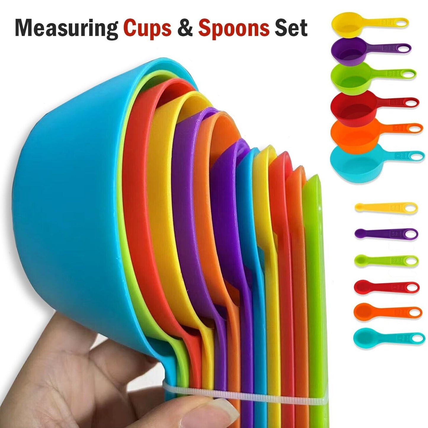 Multi-Color Measuring Cups And Spoons 12 Piece Set Plastic Cooking Kitchen Tools