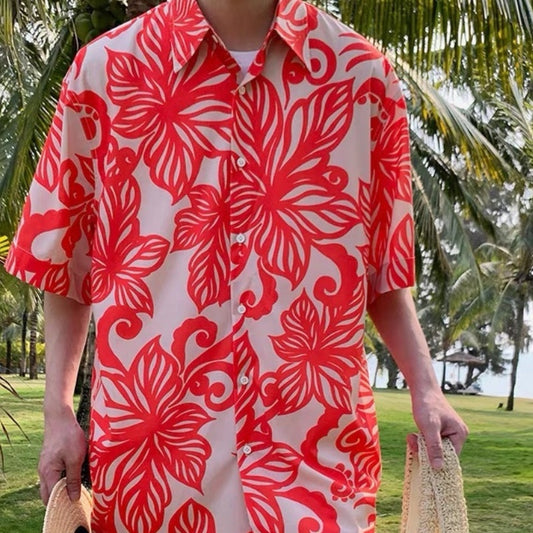 American-style Retro Red Vine Printed Short-sleeved Shirt For Men