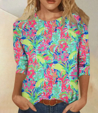 Women's Three-quarter Sleeve Ethnic Floral Slim Fit Cute Top