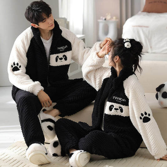 Flannel Couple Pajamas Men's Autumn And Winter Thickened Keep Warm New Zipper Cardigan Cute Coral Fleece Homewear