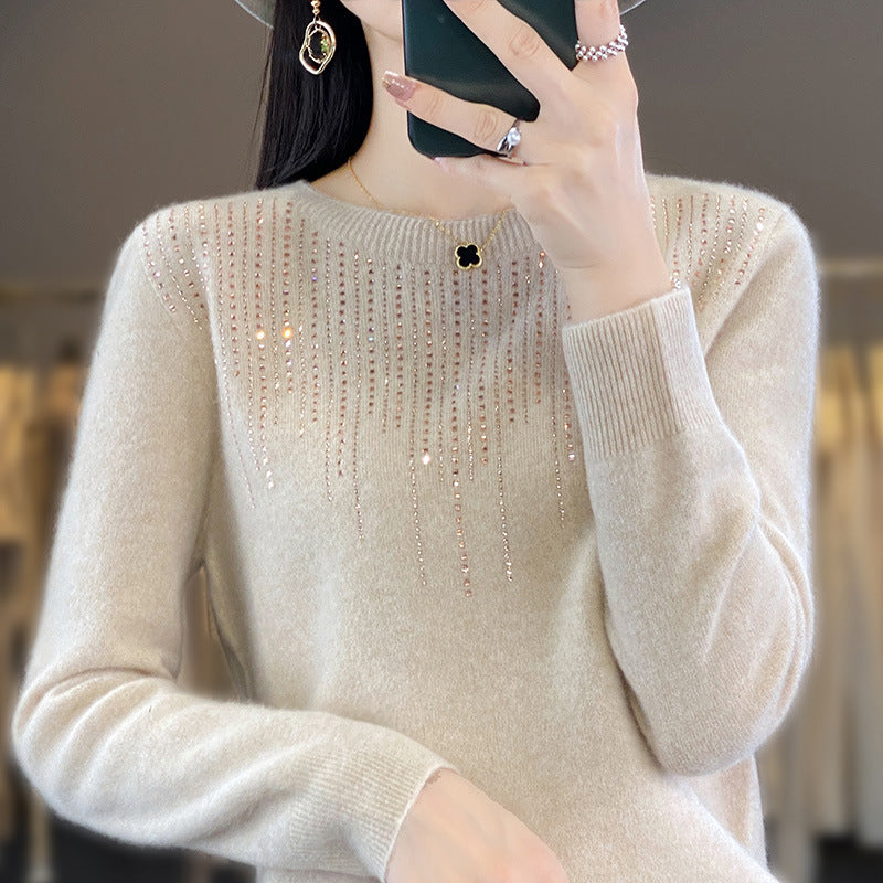 Round Neck Rhinestone Long-sleeved Knitted Bottoming Shirt Women's Pullover Sweater