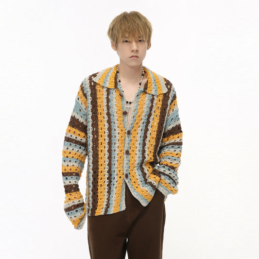 Rainbow Bar Contrast Color Hollow Knitted Cardigan